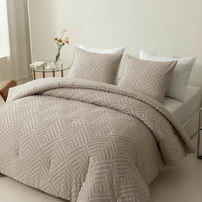Queen Comforter Set Khaki, Boho Comforter Set 3 Pieces, All Season Tufted Queen Size Bed Comforter Set (90x90In Comforter & 2 Pillowcases) - LeafyLoom