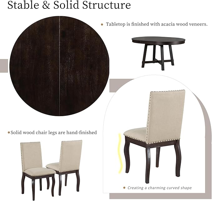 RITSU 5-Piece Farmhouse Round Retractable Table Set with 4 Upholstered Dining Chairs, Copper Ingot Trim, MDF and Rubber Wood for Living Room, Apartment,Espresso, 58inch - LeafyLoom