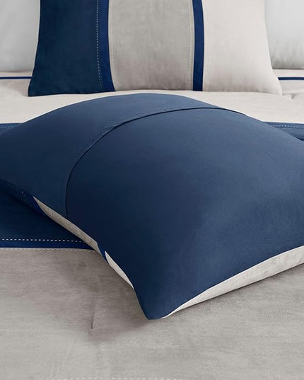 Madison Park Palisades Comforter Set Modern Faux Suede Pieced Stripe Design, All Season Down Alternative Cozy Bedding with Matching Shams, Decorative Pillows, Cal King(104"x92"), Blue 7 Piece - LeafyLoom