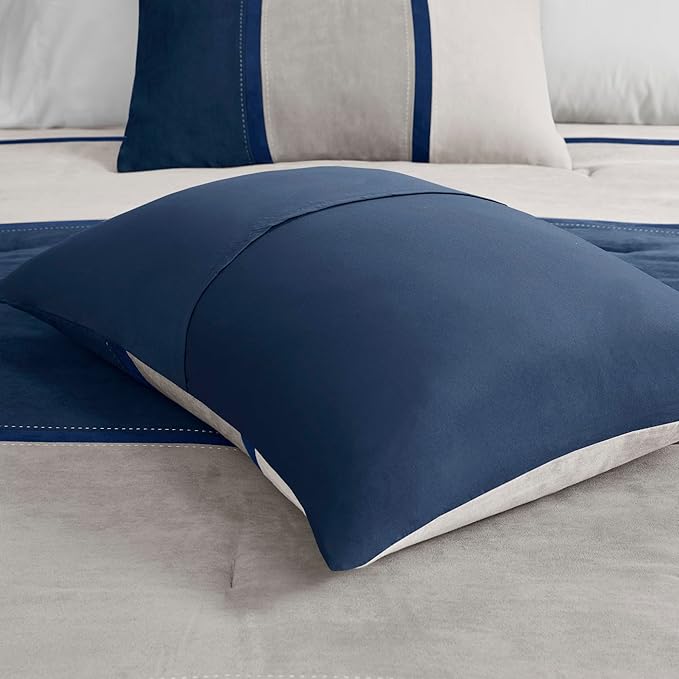 Madison Park Palisades Comforter Set Modern Faux Suede Pieced Stripe Design, All Season Down Alternative Cozy Bedding with Matching Shams, Decorative Pillows, Cal King(104"x92"), Blue 7 Piece - LeafyLoom