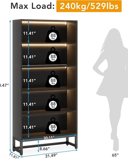 Tribesigns Tall Bookcase Black Bookshelf, 70.8” Large Bookcases Organizer with LED Lights, Heavy Duty Free-Standing Library Bookshelf with 5-Tier Storage Shelves for Living Room, Bedroom (Black) - LeafyLoom