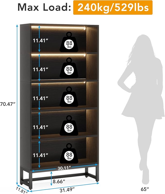 Tribesigns Tall Bookcase Black Bookshelf, 70.8” Large Bookcases Organizer with LED Lights, Heavy Duty Free-Standing Library Bookshelf with 5-Tier Storage Shelves for Living Room, Bedroom (Black) - LeafyLoom
