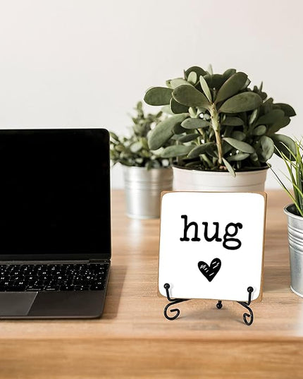 Hug - Home Office Desk Decor Wood Plaque with Stand, Love You Gifts, Thinking of You Gifts for Women Friends Girlfriend Boyfriend Mom Sisters - A01 - LeafyLoom