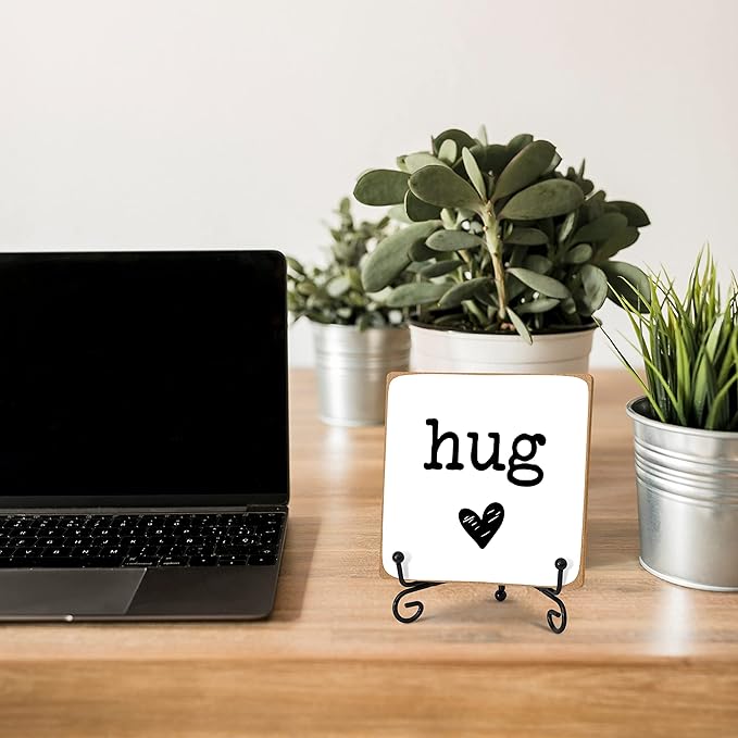 Hug - Home Office Desk Decor Wood Plaque with Stand, Love You Gifts, Thinking of You Gifts for Women Friends Girlfriend Boyfriend Mom Sisters - A01 - LeafyLoom