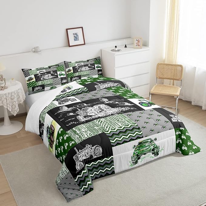 Tractor Bedding Set Twin Size Equipment Trucks Comforter Set Farmhouse Harvester Down Comforter for Kids Boys Car Bedroom Decor Green Vehicle Quilt Set Plaid Comforter with 1 Pillowcase, Grey - LeafyLoom
