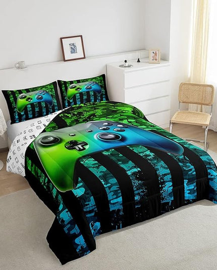 Gamer Comforter Set Queen Kids Boys Teens Usa Flag Stars Down Comforter Gaming Comforter Gamer Room Decor Camo Video Game Bedding Set, Gamepad Console Duvet, Youth Young Man Quilt, Grunge Style - LeafyLoom