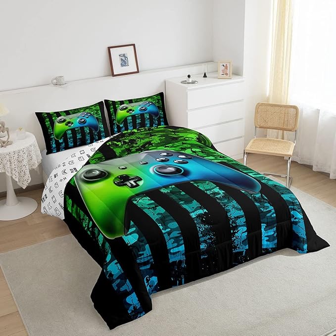 Gamer Bedding Sets for Boys American Flag Comforter Set Twin Size Gaming Comforter Military Camo Retro Down Comforter Kids Game Room Decor Teens Adult Green Blue Gamepad Duvet Set,Black,Warm Soft - LeafyLoom