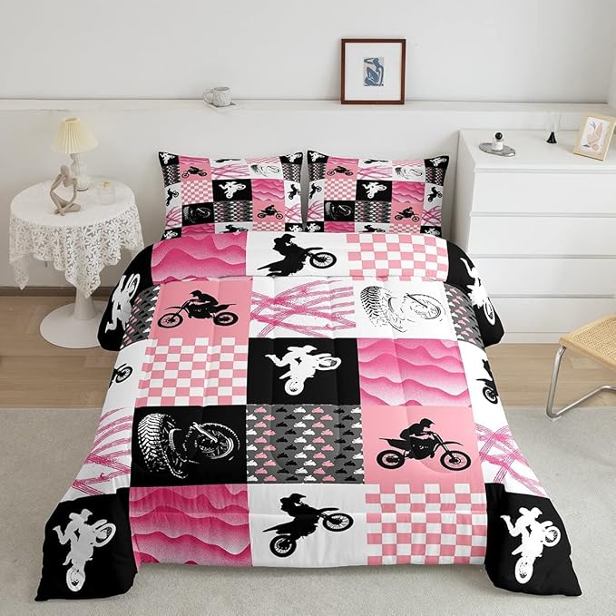 Motocross Comforter Set, Dirt Bike Bedding Sets & Collections King, Motorcycle Rider Down Comforter for Kids Boys Girls, Motorbike Extreme Sport Game Comforter Set, Buffalo Plaid, Pink Grey Black - LeafyLoom