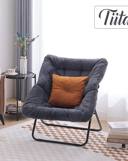 Tiita Comfy Saucer Chair, Soft Faux Fur Oversized Folding Accent Chair, Lounge Lazy Chair for Kids Teens Adults, Metal Frame Moon Chair for Bedroom, Living Room, Dorm Rooms - LeafyLoom