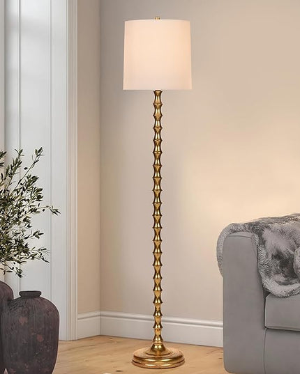 64.5" Gold Floor Lamp for Living Room, Gold Bamboo Floor Lamps for Bedroom, Tall Skinny Lamp for Home Decor, Mid Century Antique Floor Lamps with White Lampshade, Gold Standing Lamp for Corner - LeafyLoom