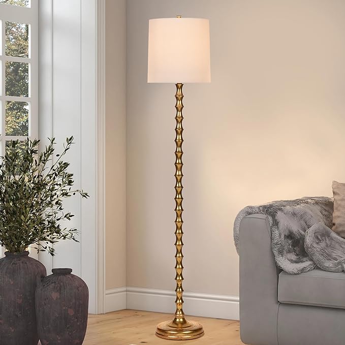 64.5" Gold Floor Lamp for Living Room, Gold Bamboo Floor Lamps for Bedroom, Tall Skinny Lamp for Home Decor, Mid Century Antique Floor Lamps with White Lampshade, Gold Standing Lamp for Corner - LeafyLoom