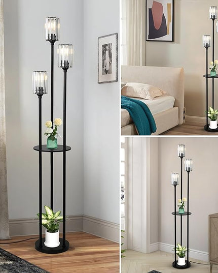 HMVPL Crystal Floor Lamp with Shelves, Modern Floor Lamps for Living Room, 3-Light Standing Lamps with Table, Black Floor Lamp with Crystal Shade, On/Off Foot Switch, Corner Floor Lamp for Bedroom - LeafyLoom