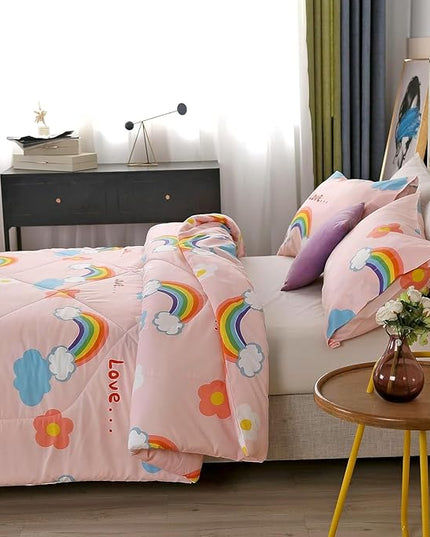 3PCS Rainbow Comforter Set Full, Cute Pink Full Size Flower Cloud and Rainbow Comforter Aesthetics, Super Soft and Comfort Microfiber, Kawaii Girls’ Bedroom Decor for Kids, Teens, Children, Women - LeafyLoom