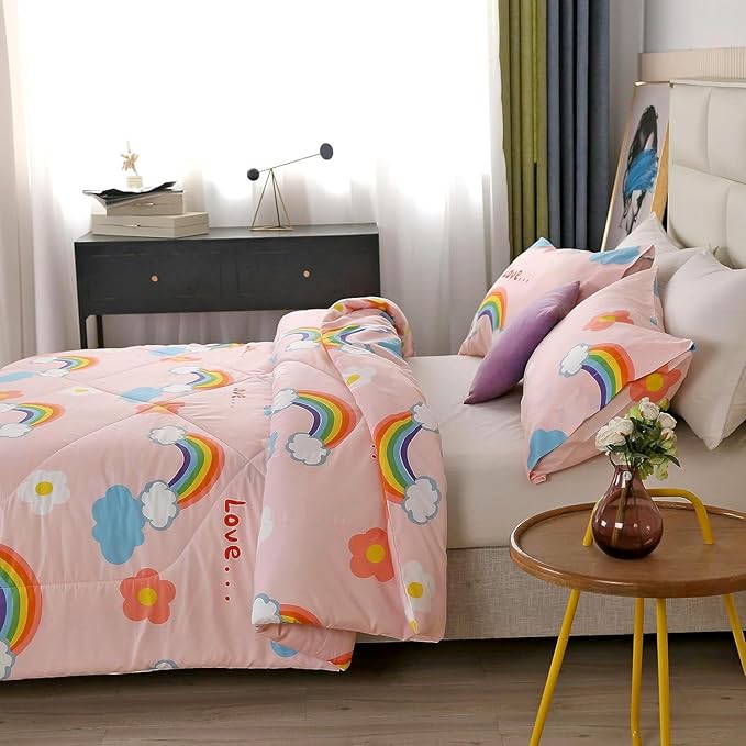 3PCS Rainbow Comforter Set Full, Cute Pink Full Size Flower Cloud and Rainbow Comforter Aesthetics, Super Soft and Comfort Microfiber, Kawaii Girls’ Bedroom Decor for Kids, Teens, Children, Women - LeafyLoom