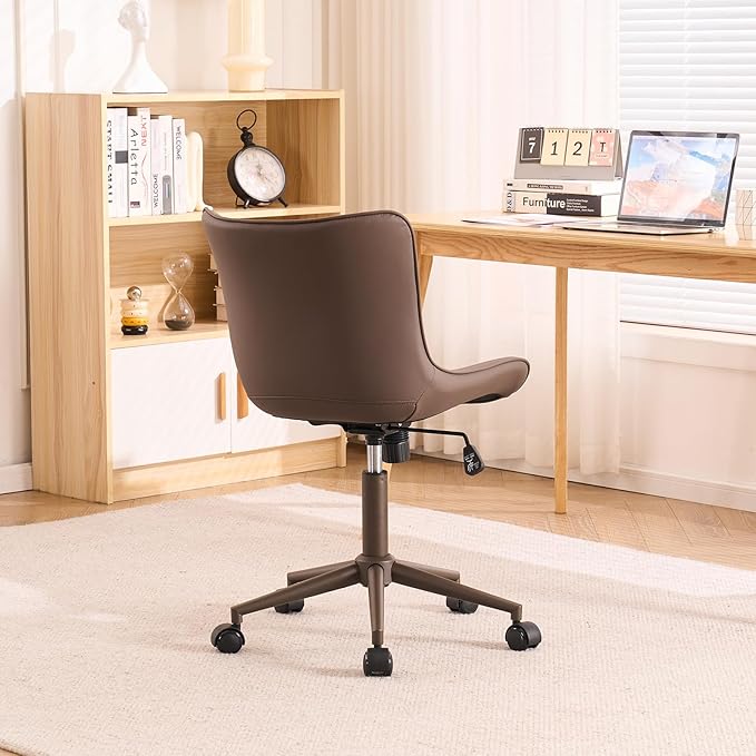 YOUTASTE Dark Brown Office Chair Modern Armless Desk Chair with Wheels Adjustable Swivel Rocking Rolling Computer Study Chairs Faux Leather Sewing Chairs with Back Stylish Vanity Chair - LeafyLoom
