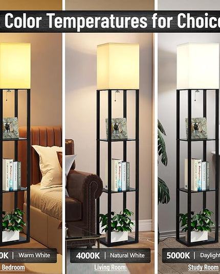 Floor Lamp with Shelves, 3-Tier Modern Floor Lamps for Living Room, Standing Lamp with 3 Color Temperature Bulb, Wooden Shelf Lamp Living Room Lamps, Black Floor Lamp for Bedroom,Living Room,Office - LeafyLoom
