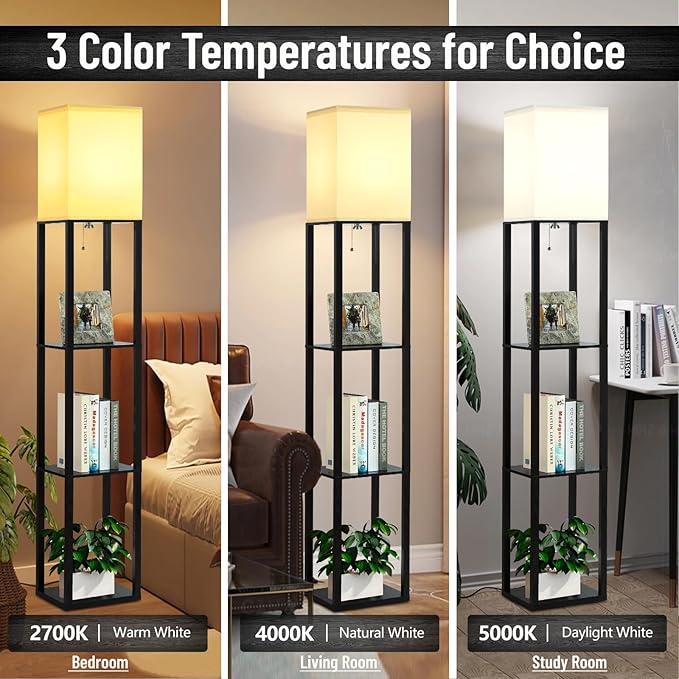Floor Lamp with Shelves, 3-Tier Modern Floor Lamps for Living Room, Standing Lamp with 3 Color Temperature Bulb, Wooden Shelf Lamp Living Room Lamps, Black Floor Lamp for Bedroom,Living Room,Office - LeafyLoom