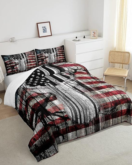 Feelyou American Flag Deer Antlers Bedding Set Hunting Camping Comforter Set for Kids Boys Girls USA Flag Comforter Tree Branch Inner Fill Duvet Set 1 Comforter Set with 2 Pillowcases King Size - LeafyLoom