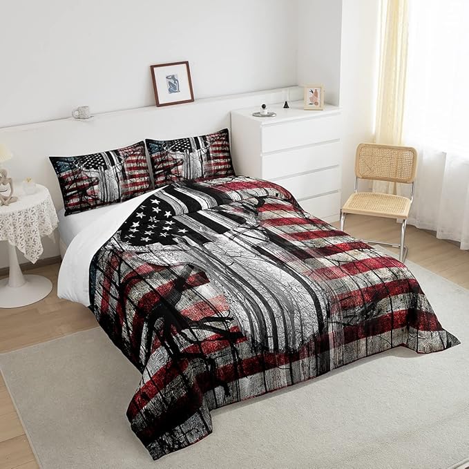 Feelyou American Flag Deer Antlers Bedding Set Hunting Camping Comforter Set for Kids Boys Girls USA Flag Comforter Tree Branch Inner Fill Duvet Set 1 Comforter Set with 2 Pillowcases King Size - LeafyLoom