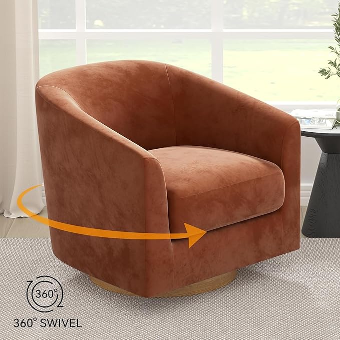 Sunny Heart Swivel Accent Chair, Velvet Swivel Barrel Chair, Swivel Club Chair with Wood Base, Modern Upholstered Armchair, Cozy Chairs for Living Room, Bedroom, Reading - LeafyLoom