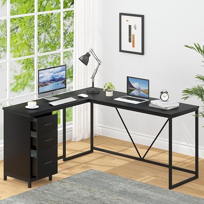 HSH Large Black L Shaped Desk, Corner Wood Computer Desk with Drawer, Modern Work Home Office Desk with Storage Cabinet, Industrial Executive PC Study Writing Desk for Living Bedroom, Black, 59 Inch - LeafyLoom