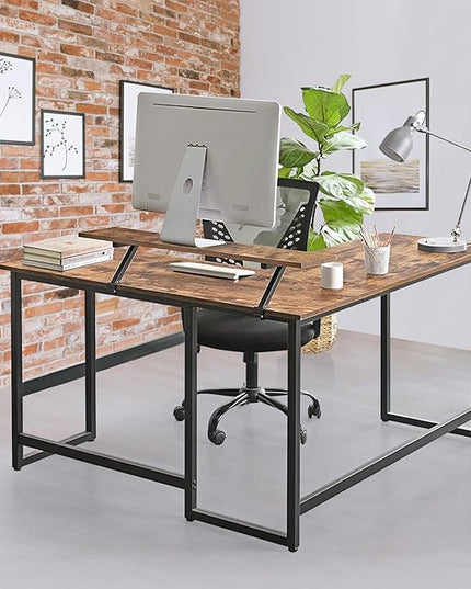 L Shape Computer Desk - Spacious 55 inch Corner Desk Home Office Desk Gaming Desk with Reversible Monitor Stand and Adjustable Feet, Easy Assembly, Rustic Brown - LeafyLoom