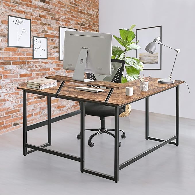 L Shape Computer Desk - Spacious 55 inch Corner Desk Home Office Desk Gaming Desk with Reversible Monitor Stand and Adjustable Feet, Easy Assembly, Rustic Brown - LeafyLoom