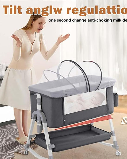 4 in 1 Baby Bassinet,Easy Folding Portable Bedside Crib with Comfy Mattress and Wheels,Height Adjustable Bassinet with Mosquito net Included,Grey - LeafyLoom