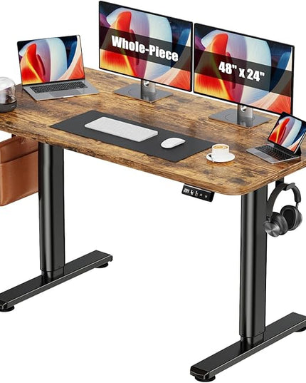 Electric Standing Desk Adjustable Height Stand Up Desk, 48" x 24" Sit Stand Desk, Low Noise Home Office Desk, Computer Desk with Whole-Piece Board, Child Lock & Memory Function, Rustic Brown - LeafyLoom