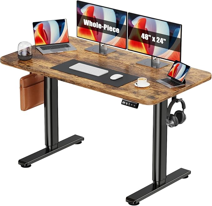 Electric Standing Desk Adjustable Height Stand Up Desk, 48" x 24" Sit Stand Desk, Low Noise Home Office Desk, Computer Desk with Whole-Piece Board, Child Lock & Memory Function, Rustic Brown - LeafyLoom