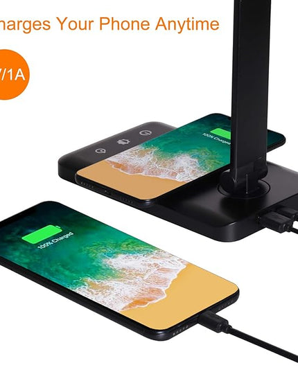 LED Desk Lamp with Wireless Charger,Eye-Caring Table Lamps,Stepless Dimmable Office Lamp with USB Charging Port,Touch/Memory/Timer Function,25 Brightness Lighting,Foldable Lamp - LeafyLoom