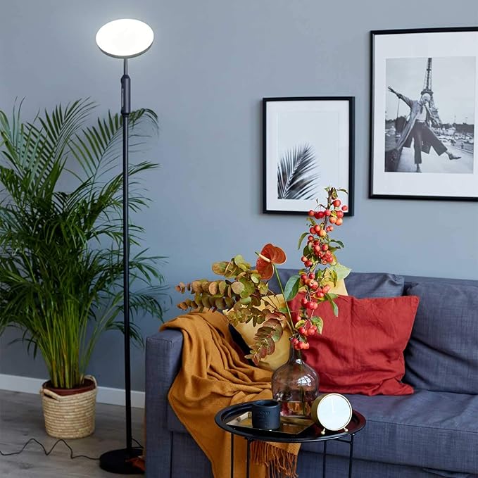 LED Daylight Floor Lamp - Free Standing Lamps for Living Room or Bedroom - 24W Black Modern Uplight Torchiere Stand Light- 3 Dimmable Modes - Natural Day, Warm, Super Bright - Corner Tall Torch Lights - LeafyLoom