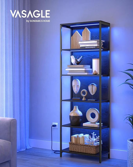 VASAGLE 6-Tier LED Bookshelf, Display Shelf with Dimmable Lights, LED Bookcase with Steel Frame, 11.9 x 23.6 x 70.3 Inches, for Living Room, Bedroom, Office, Black with Wood Grain ULLS120B56 - LeafyLoom