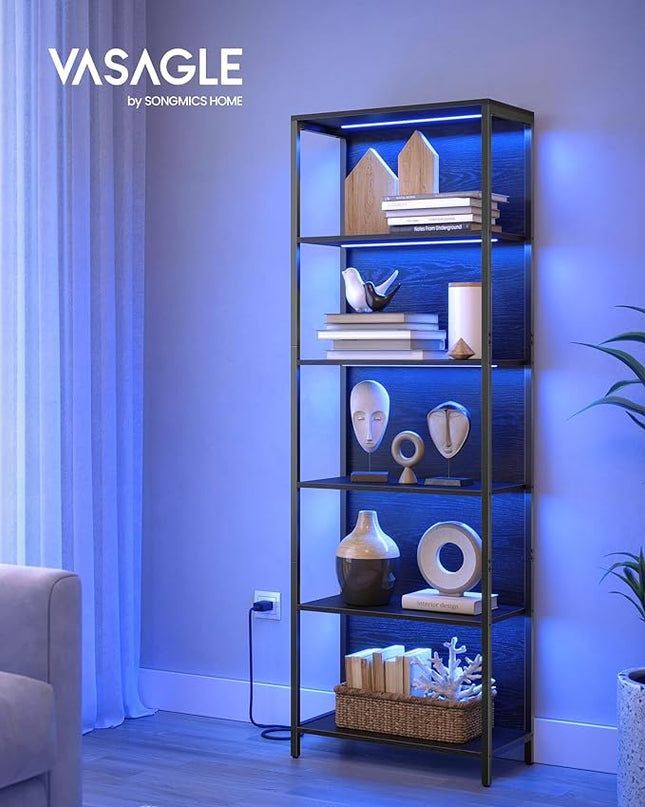 VASAGLE 6-Tier LED Bookshelf, Display Shelf with Dimmable Lights, LED Bookcase with Steel Frame, 11.9 x 23.6 x 70.3 Inches, for Living Room, Bedroom, Office, Black with Wood Grain ULLS120B56 - LeafyLoom
