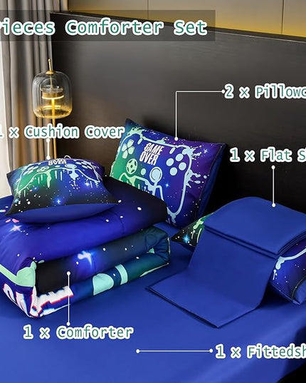 DORCAS Gamer Comforter Set with Sheets for Boys,Twin Size Gamer Bedding Set Boys,6 Pieces Graffiti Green Gaming Comforter Set for Boys Kids Teens(Green&Blue, Twin) - LeafyLoom