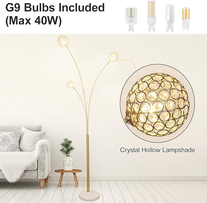 Depuley Floor Lamp, 3-Light Adjustable Metal Floor Lamps with Marble Base, Dimmable Tall Pole Tree Standing Lamp with Flexible Rotating Lights for Living Room, Bedroom(Gold, G9 Bulbs Included) - LeafyLoom