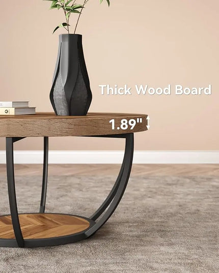 Round Coffee Table, 32" Circle Coffee Table for Living Room, 2-Tier Wood Accent Center Table with Open Storage Industrial Design Home Furniture (Wood Grain and Black) - LeafyLoom
