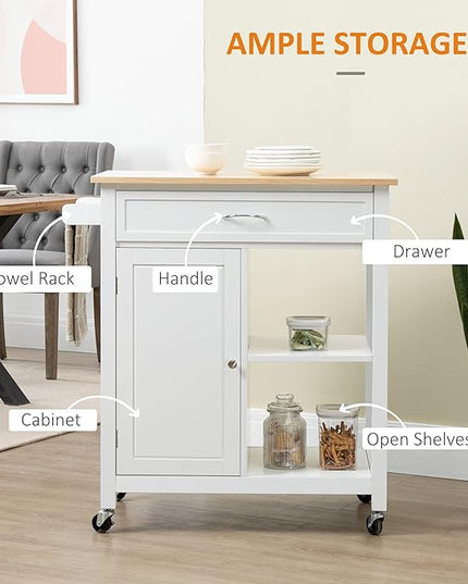 HOMCOM Kitchen Island Cart, Rolling Kitchen Island with Storage Shelf, Solid Wood Top, Drawer, for Dining Room, White - LeafyLoom