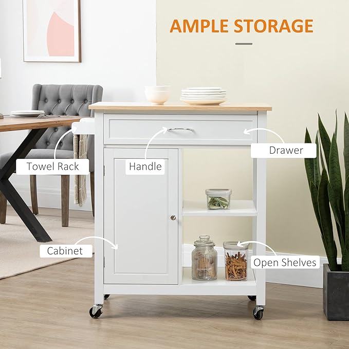 HOMCOM Kitchen Island Cart, Rolling Kitchen Island with Storage Shelf, Solid Wood Top, Drawer, for Dining Room, White - LeafyLoom