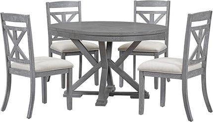 Merax Dining Set with Extendable Round Table and 4 Upholstered Chairs, Grey, 5-Piece Retro, Gray - LeafyLoom