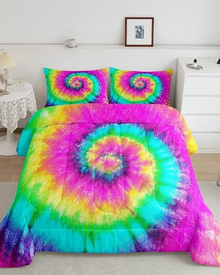 3 Piece Rainbow Tie Dye Comforter Set with 2 Pillowcases Boho Psychedelic Bedding Set for Kids Girls Teens Bohemian Gypsy Exotic Spiral Quilted Duvet Soft Comfy, Watercolor Art Down Comforter,King - LeafyLoom
