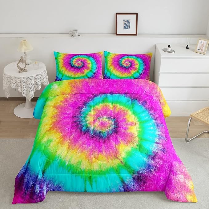 3 Piece Rainbow Tie Dye Comforter Set with 2 Pillowcases Boho Psychedelic Bedding Set for Kids Girls Teens Bohemian Gypsy Exotic Spiral Quilted Duvet Soft Comfy, Watercolor Art Down Comforter,King - LeafyLoom