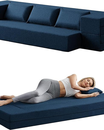 Convertible Folding Sofa - Modern Linen Fabric Coffee Table, Foldable Floor & Futon Couch, Space-Saving Chair with Pillow for Living Room/Dorm/Guest Room/Home Office/Apartment,Twin XL,Navy Blue - LeafyLoom
