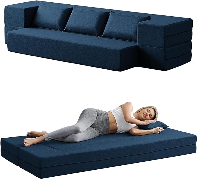 Convertible Folding Sofa - Modern Linen Fabric Coffee Table, Foldable Floor & Futon Couch, Space-Saving Chair with Pillow for Living Room/Dorm/Guest Room/Home Office/Apartment,Twin XL,Navy Blue - LeafyLoom