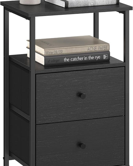 VASAGLE Nightstand, Side Table with 2 Fabric Drawers, 24-Inch Tall End Table with Storage Shelf, Bedroom, Ash Black and Black ULGS025B21 - LeafyLoom