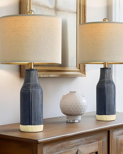 23.75" Modern Blue Ceramic Table Lamp Set of 2 for Living Room, Farmhouse Bedside Nightstand Lamp for Bedroom Home Office Dorm - LeafyLoom