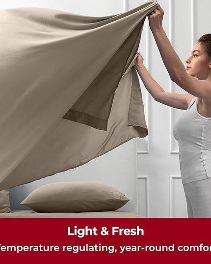 Mellanni Full Sheets Set - 4 PC Iconic Collection Bedding Sheets & Pillowcases - Hotel Luxury, Extra Soft, Cooling Bed Sheets - Deep Pocket up to 16 inch (Full, Tan) - LeafyLoom