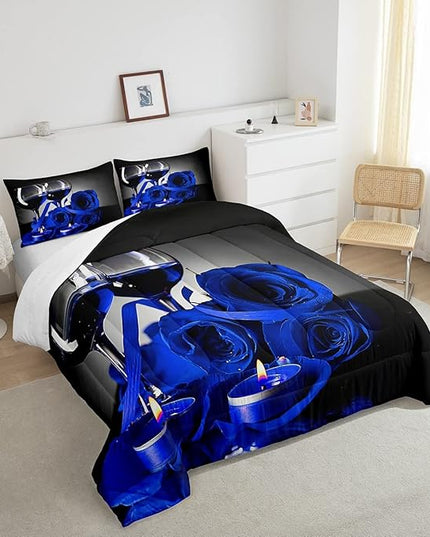 Blue Rose Comforter for Girls Boys Romantic 3D Rose Bedding Set King Wine Glass Blossom Floral Quilt Set Women Men Adult Gray Black Duvet Insert, Flower Petals Valentine's Day Bedding Comforter Sets - LeafyLoom