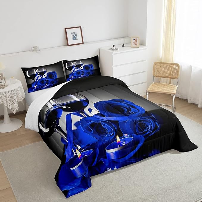 Erosebridal Rose Floral Bedding Set Full 3D Blue Rose Wine Glass Comforter Set for Women Men Adult Romantic Valentine's Day Blossom Quilt Set Banquet Flower Duvet Set, Black Gray Down Comforter - LeafyLoom