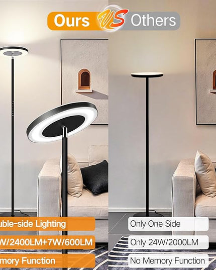OUTON LED Torchiere Floor Lamp, Super Bright Dimmable Tall Standing Lamp with Remote Touch Control, 4 Color Temperatures, 1-Hour Timer for Living Room, Bedroom, Office (Classic Black) - LeafyLoom